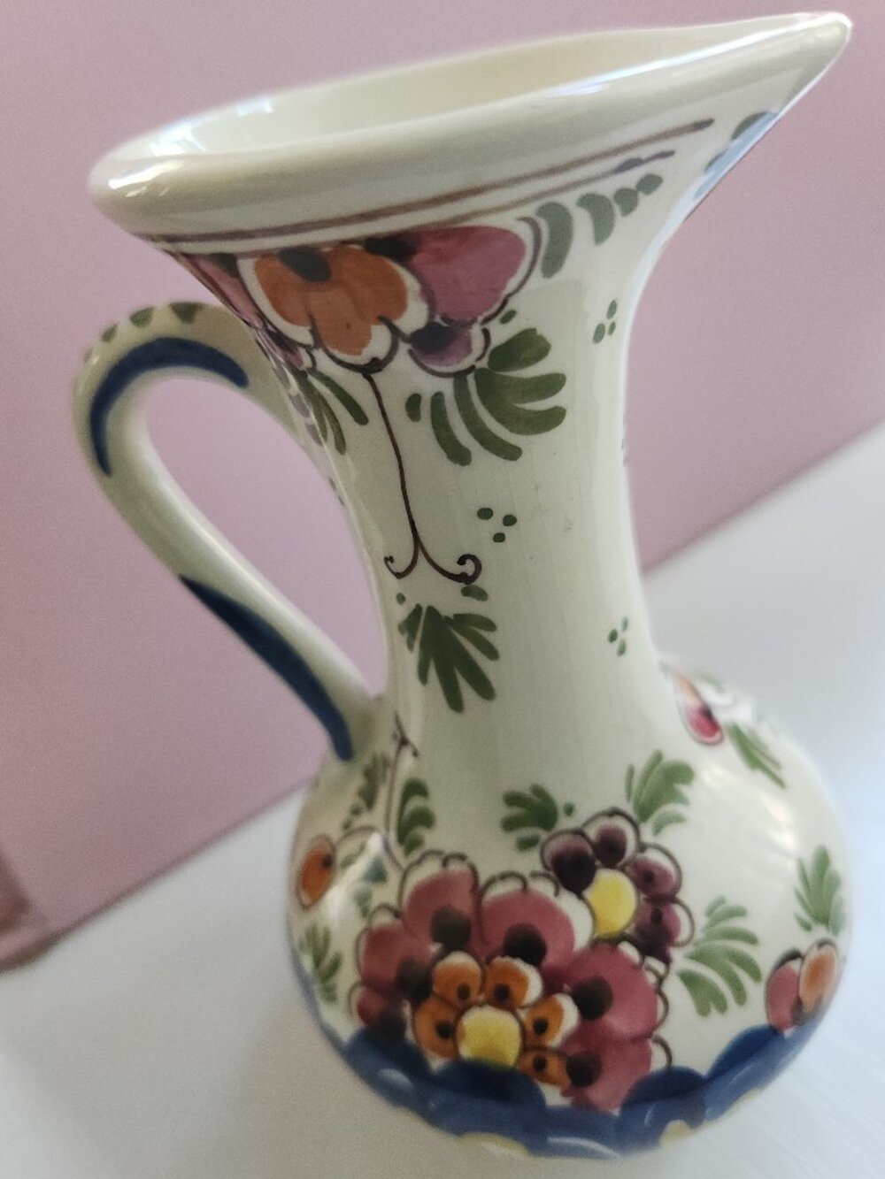 Delft Holland Polychrome Floral Pitcher, Hand Painted